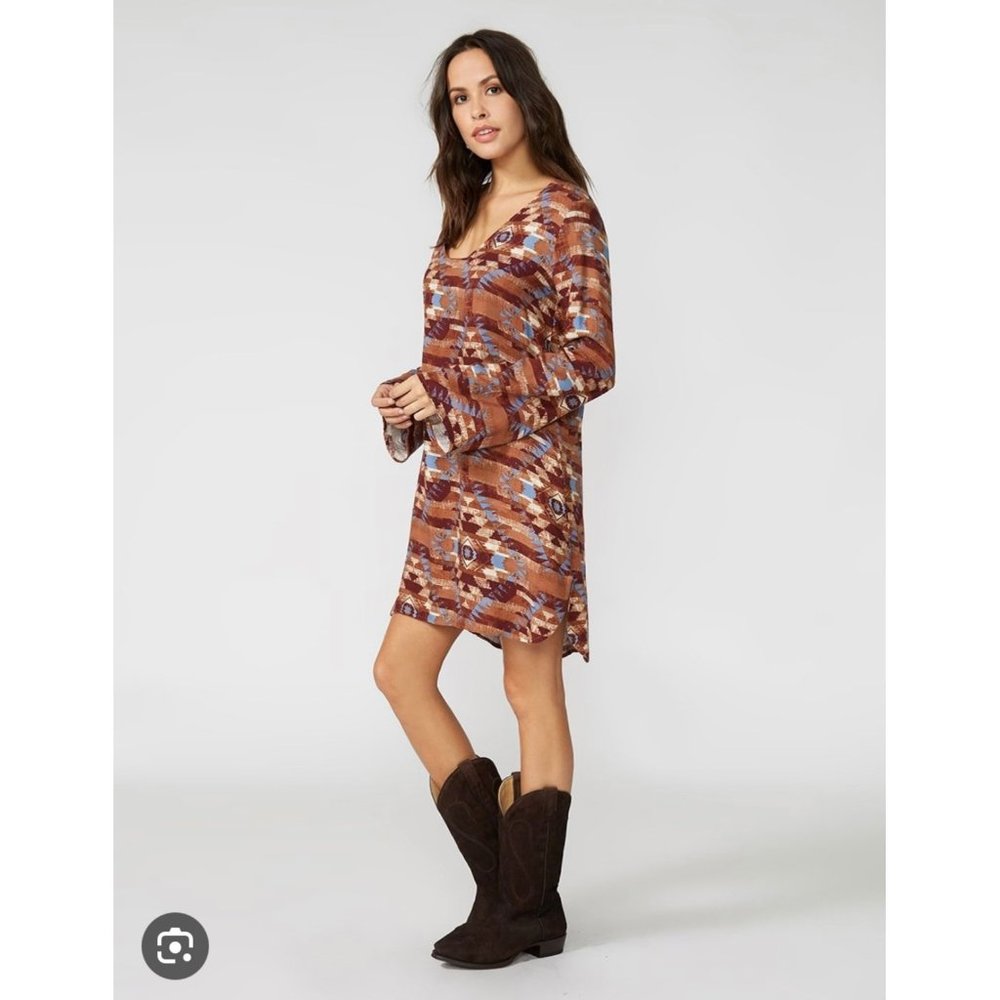Stetson L Bell Sleeve Dress Aztec Navajo Western Rayon Brown Southwestern Ranch